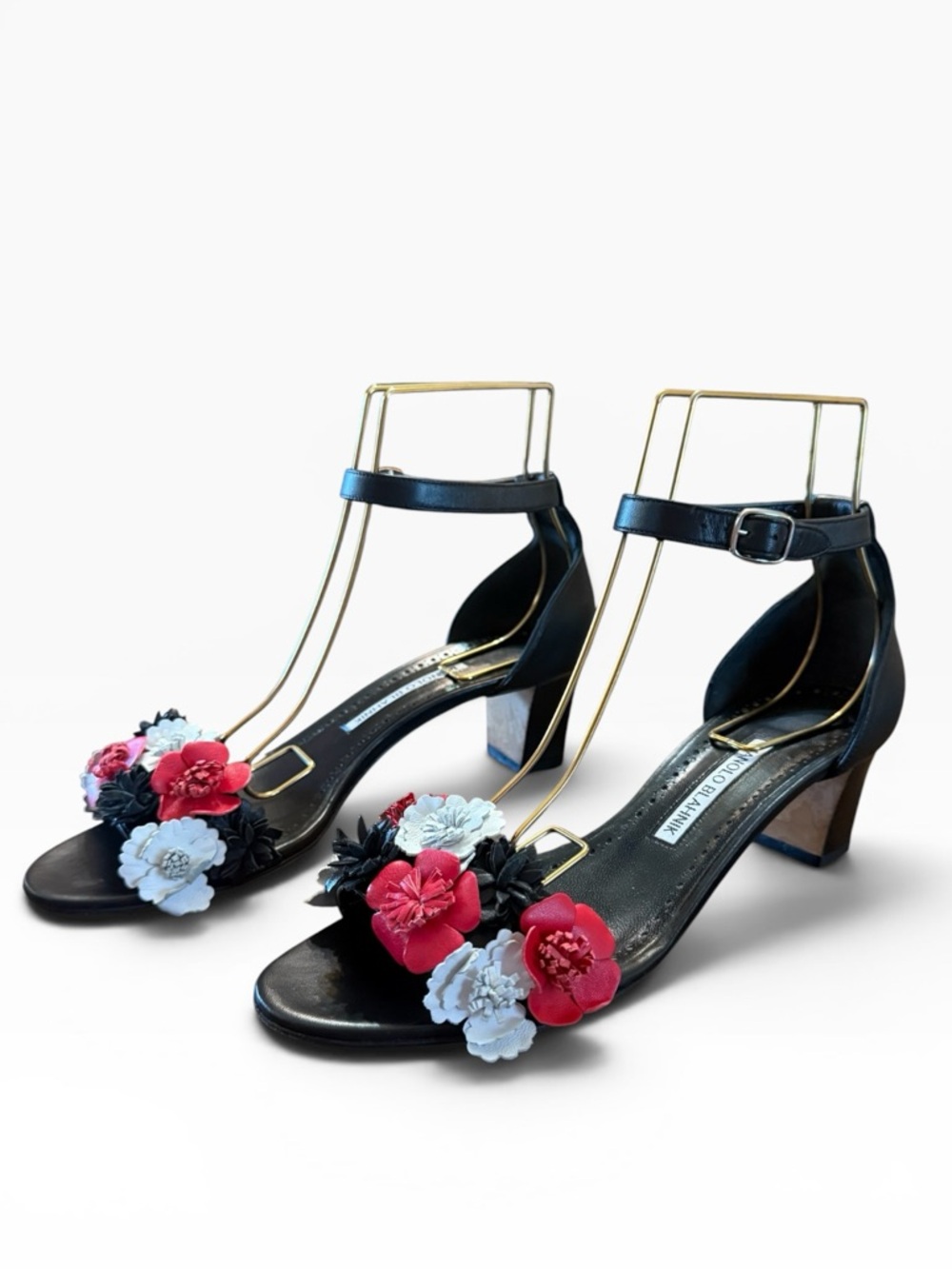 Manolo Blahnik  Leather Floral Appliqué Ankle Strap Block Heel Sandals 39.5
